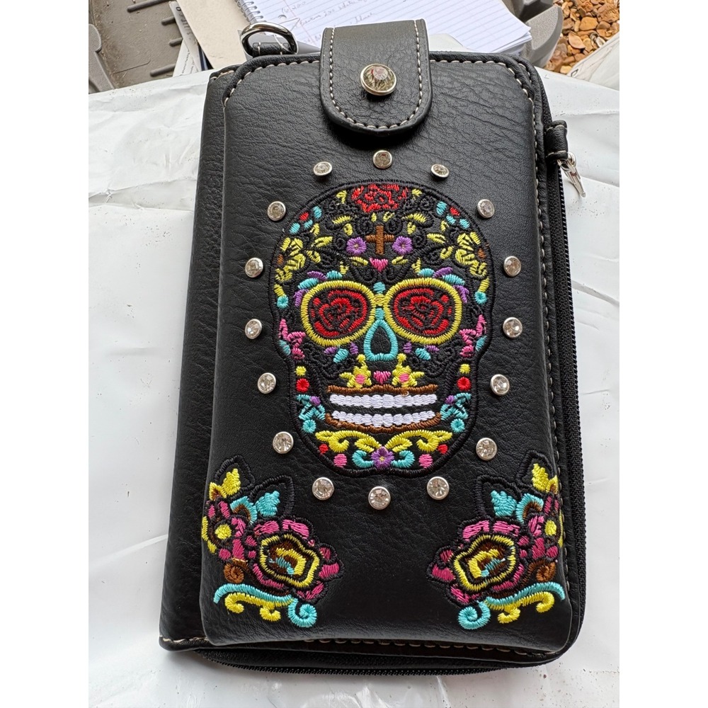 Sugar Skull Crossbody Phone Wallet Black Embroidered‎ Rhinestone Day of the Dead